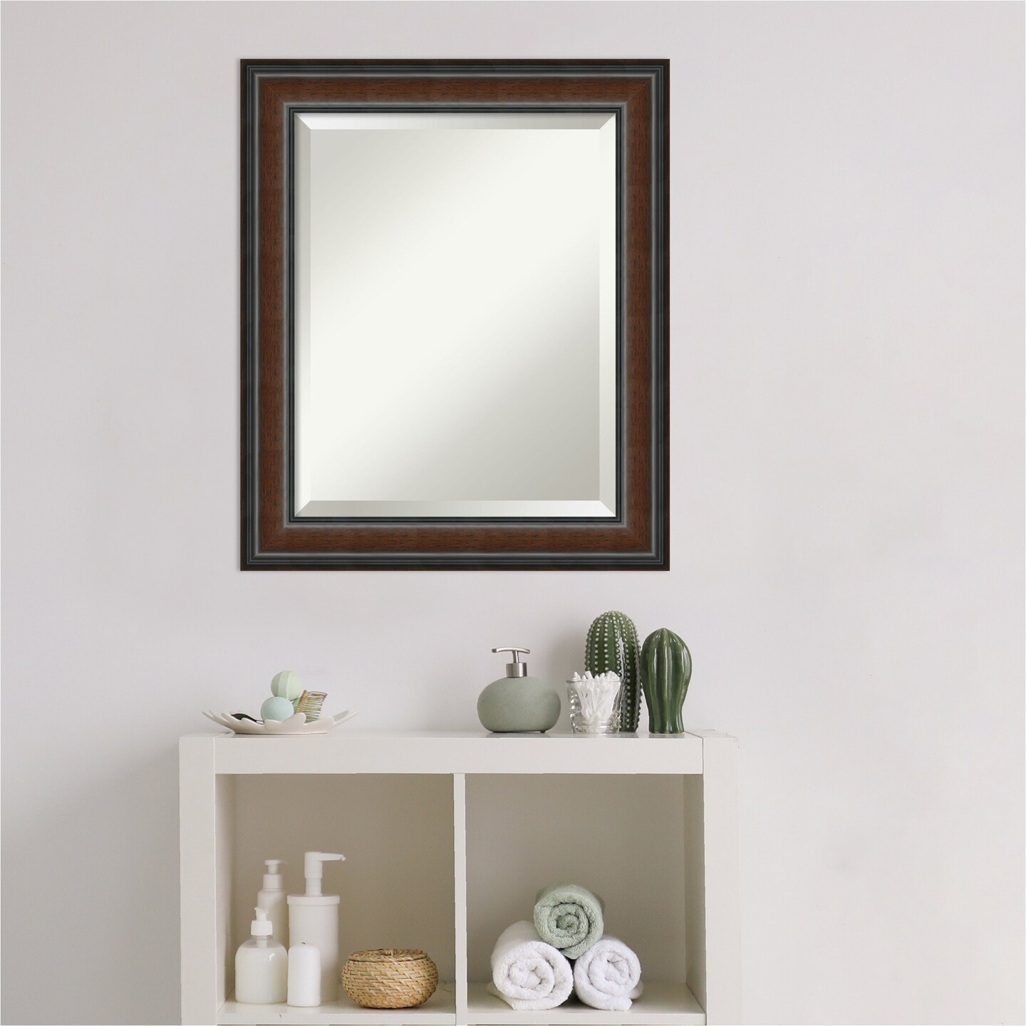 Beveled Wood Bathroom Wall Mirror, Cyprus Walnut Narrow Frame