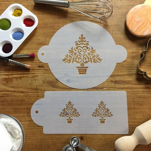 Christmas Tree Cake Stencil | C100 by Designer Stencils | Cake Decorating Tools | Baking Stencils for Royal Icing, Airbrush, Dusting Powder | Reusable Plastic Food Grade Stencil for Cakes | Easy to Use &#x26; Clean Cake Stencil