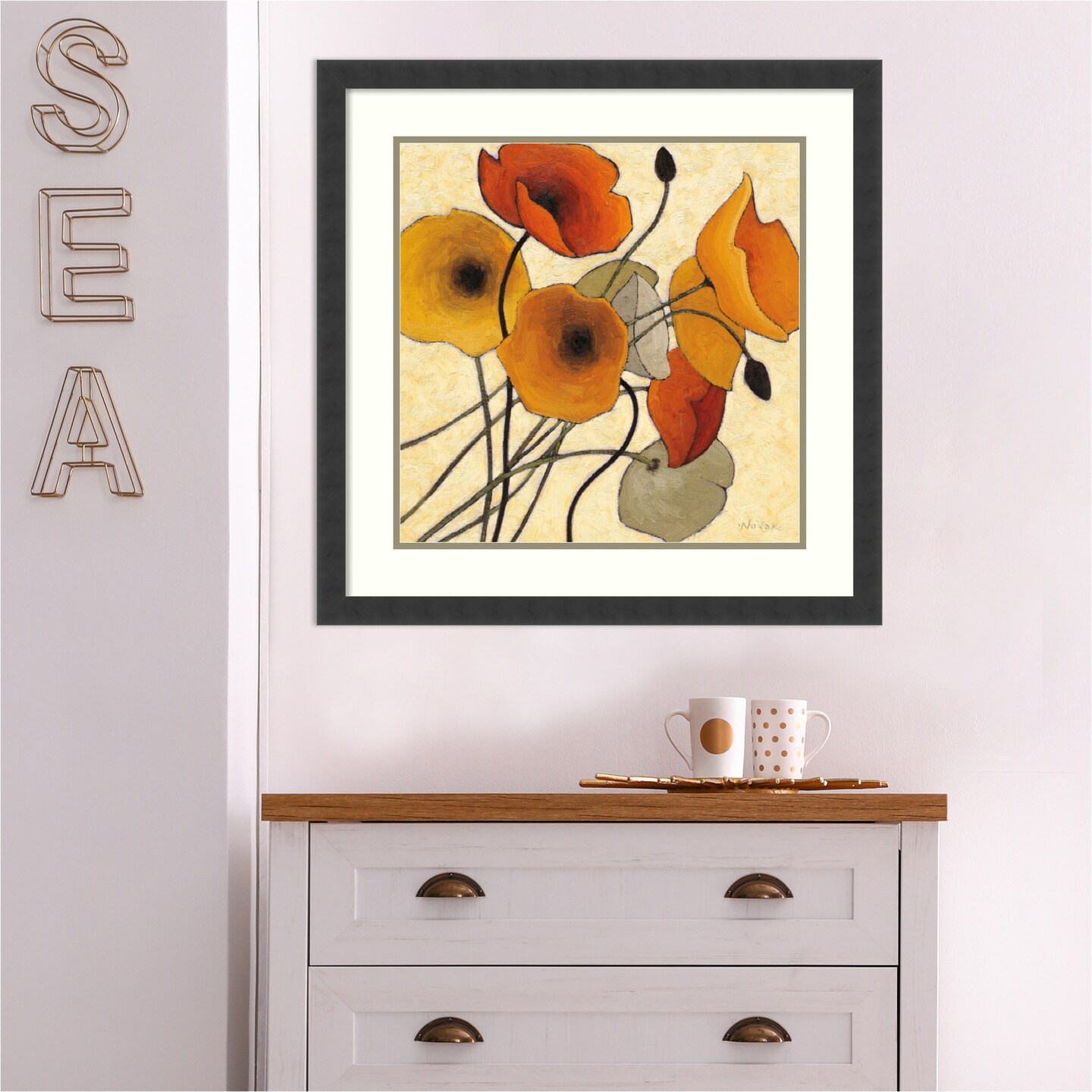 Pumpkin Poppies II by Shirley Novak Wood Framed Wall Art Print 25 in. W x 25 in. H