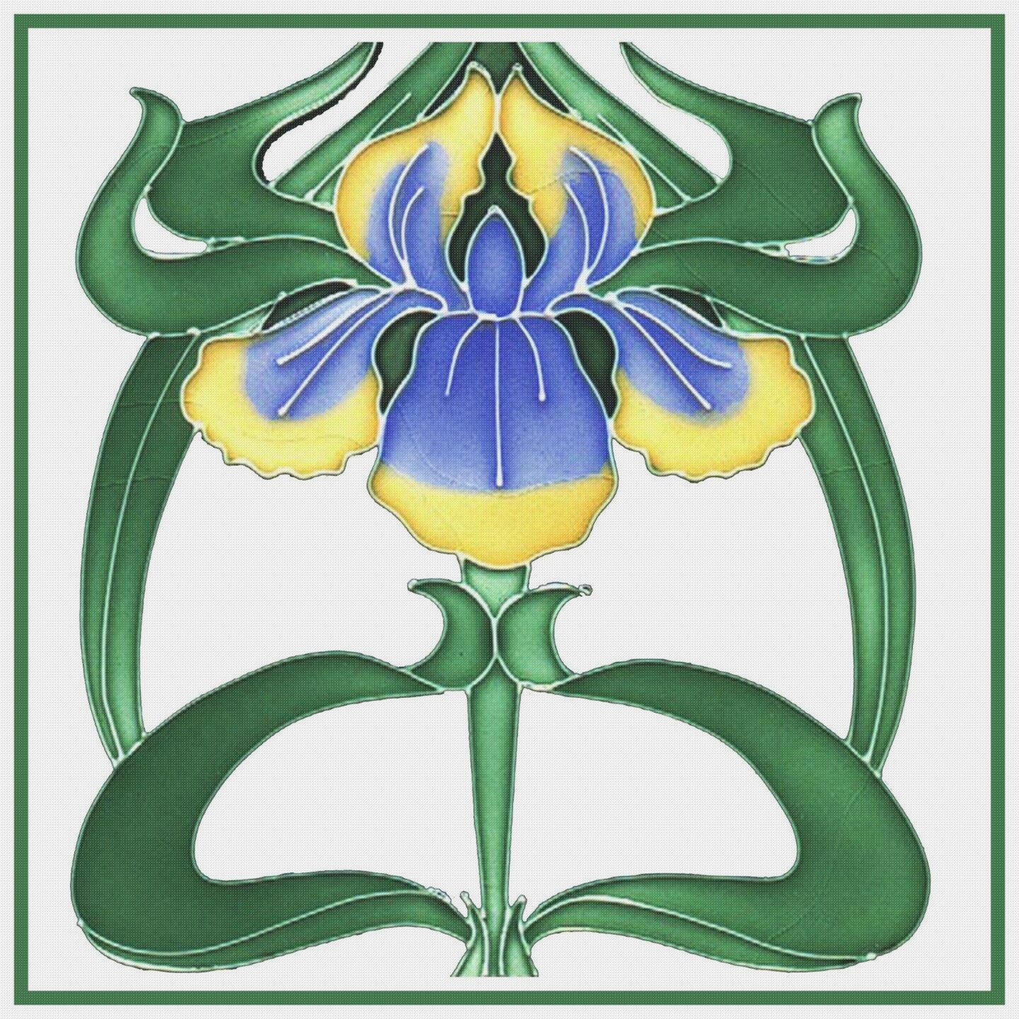 Art Nouveau Blue and Iris Flower Counted Cross Stitch Pattern