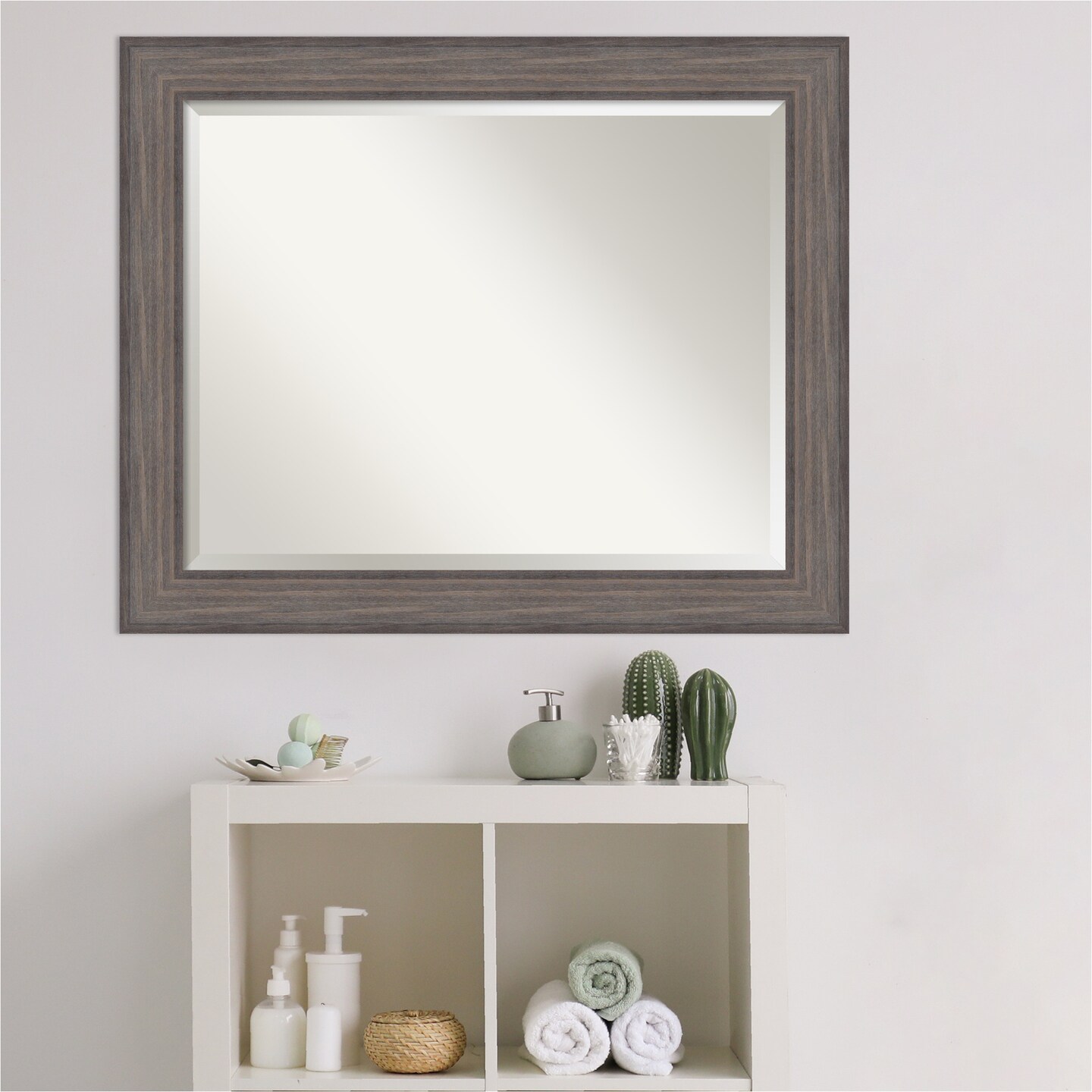Beveled Wood Bathroom Wall Mirror, Country Barnwood Frame