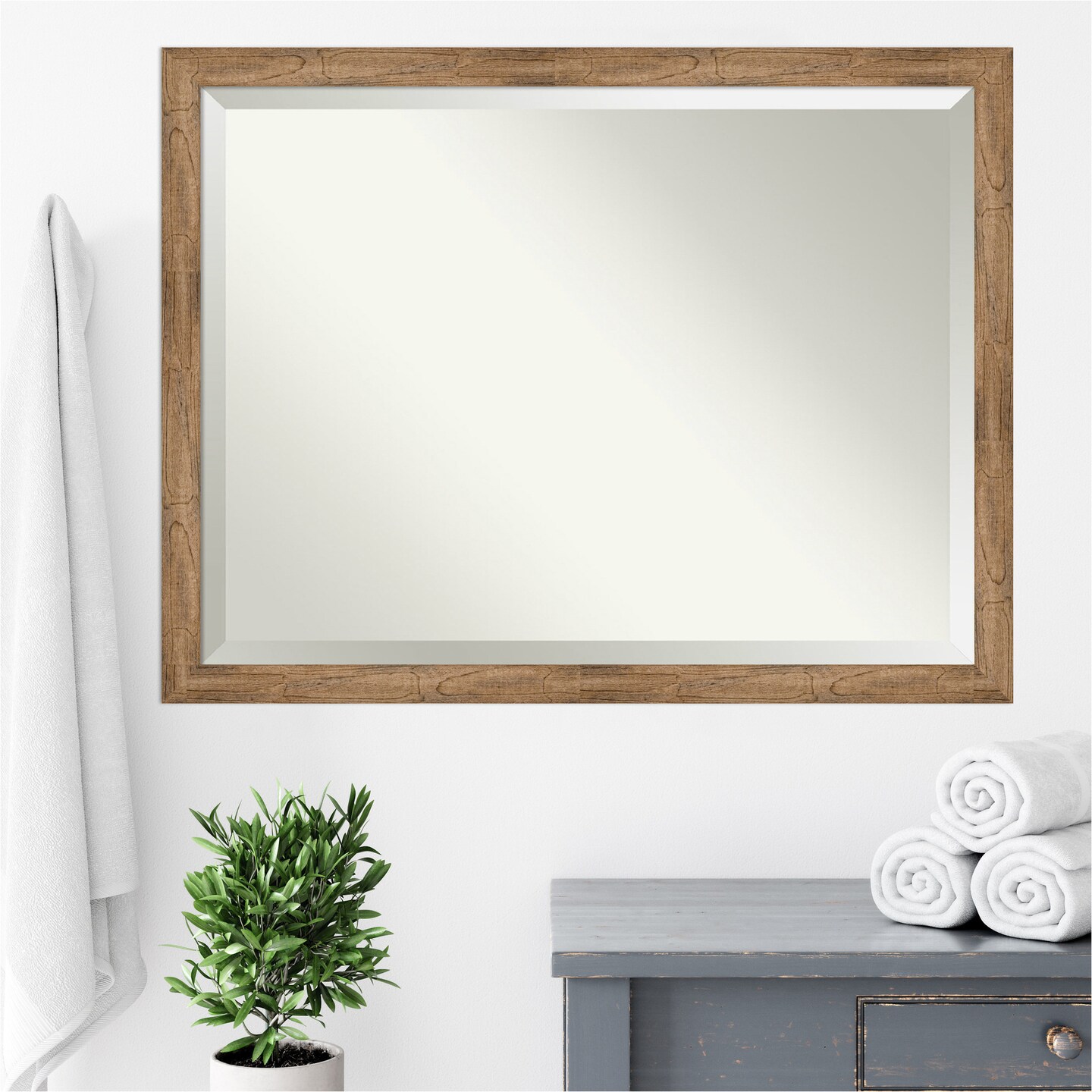 Beveled Wood Bathroom Wall Mirror, Owl Brown Narrow Frame