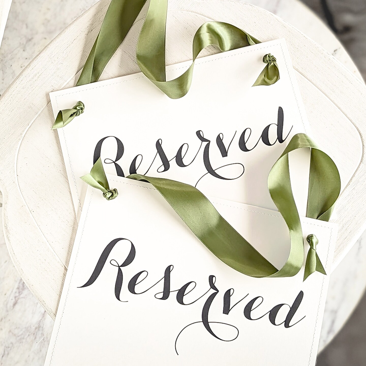 Ritzy Rose 2 Reserved Signs - Black on 11x8in Ivory Linen Cardstock with Moss Green Ribbon