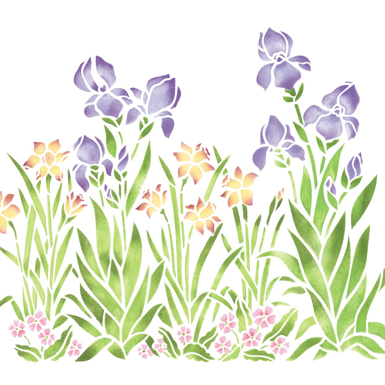 Large Iris, Daffodil and Violet Garden Wall Stencil | 156A by Designer Stencils | Floral Stencils |