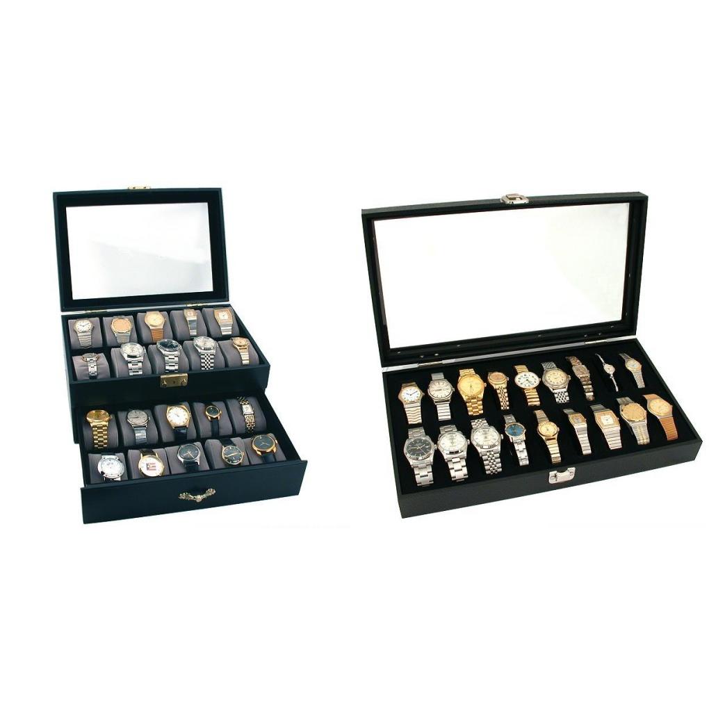 Lockable Glass Top Faux Leather Watch Jewelry Display Cases 20 &#x26; 18pc Kit 2 Pcs