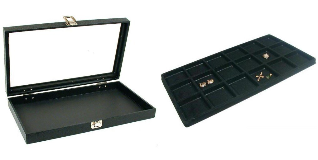 Black Glass Top Jewelry Case w/ 1 Black 18-Slot Plastic Tray(Single metal latch)