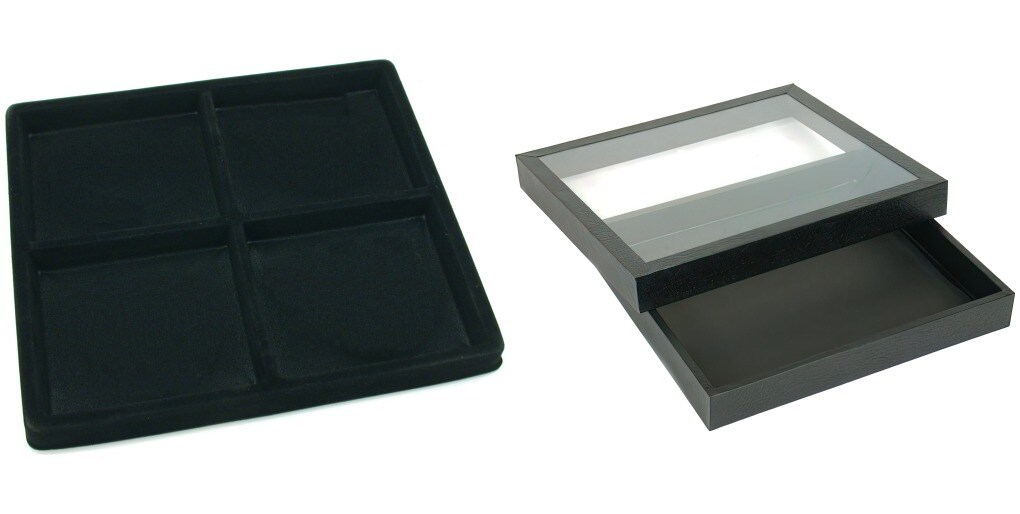Black Square Display Case (Glass-top Removable Lid) w/ Black 4-slot Plastic Tray