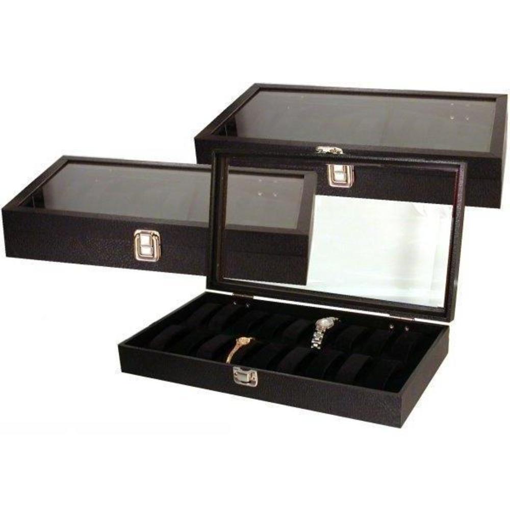 3 18pc Black Watch Travel Trays Showcase Display Case Unit W/ Glass Top