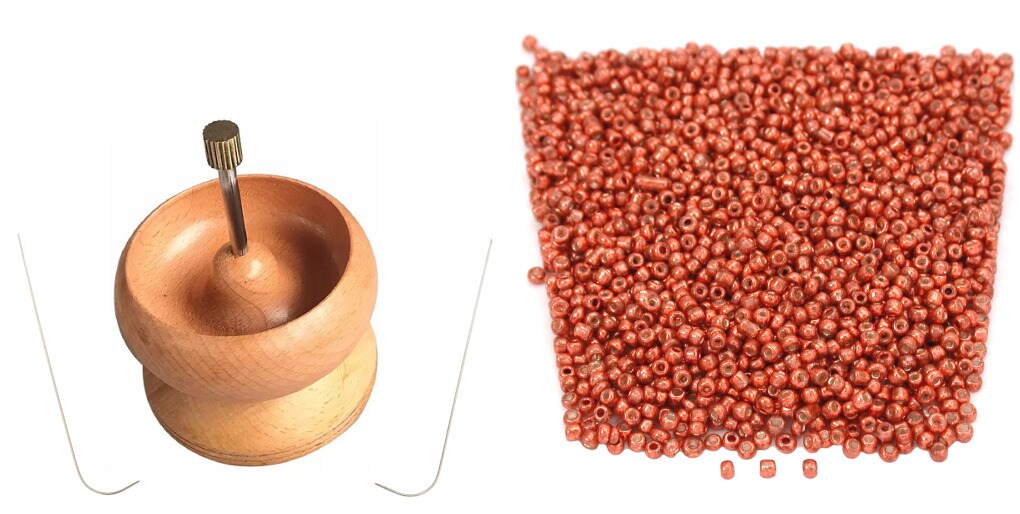 Large Wooden Bead Spinner Loader 4.5" Diameter, 2 Beading Needles, 25 Grams Red Seed Beads