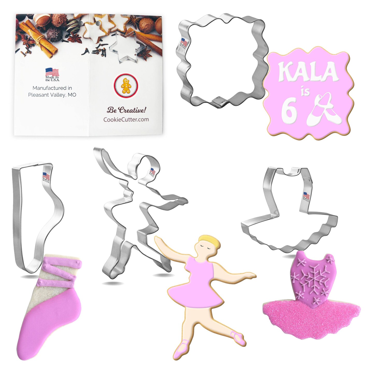 CookieCutter.com Ballet 4 Piece Cookie Cutters Set, Ballerina, Tutu, Ballet Slipper, Fancy Square, Tin Plate Steel, USA