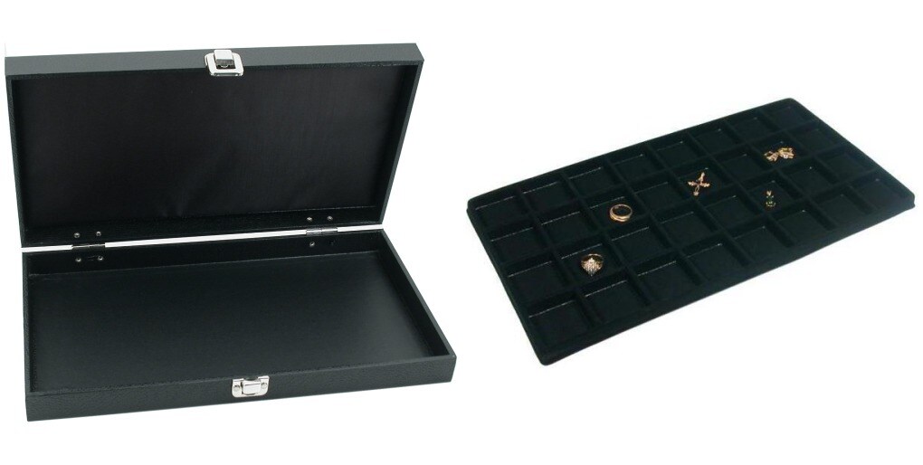 Black Jewelry Display Case (Single metal clasp) w/ Black 32-slot Plastic Tray