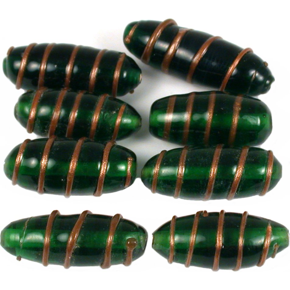 Green &#x26; Gold Stripe Lampwork Tube Glass Beads Approx 8
