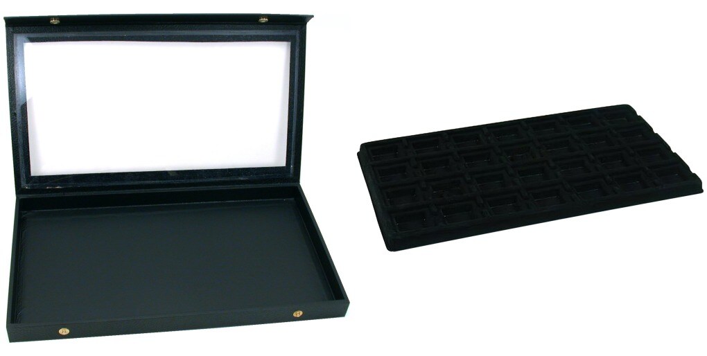 Black Glass Top Jewelry Case (Snap close lid) w/ Black 28-slot Plastic Tray