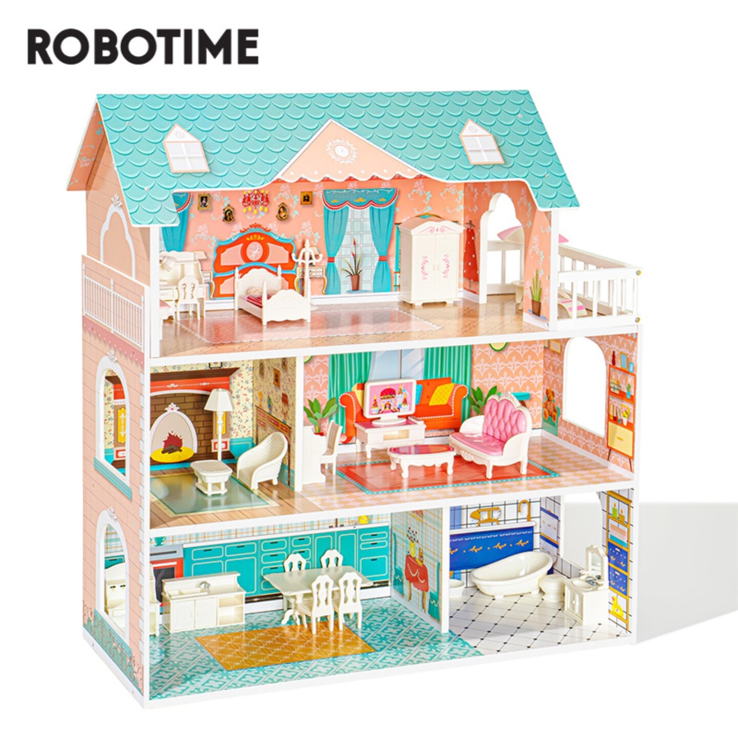 Robotime Big Wooden Dollhouse with Furniture - WDH01 Play Set Gift for Kids, Girls - Blue
