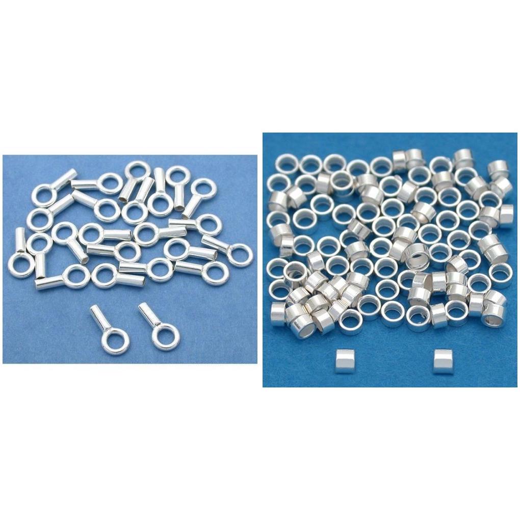 Sterling Silver Crimp Beads &#x26; End Caps Jewelry bead Findings Kit 200 Pcs