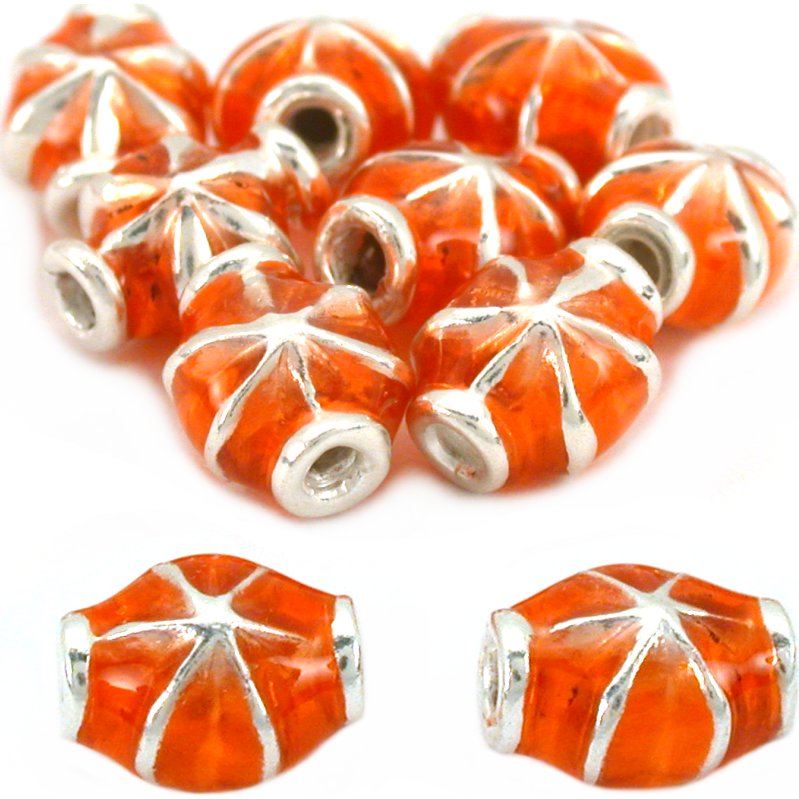 Fluted Sterling Silver Beads Orange Enamel 7mm 10Pcs Approx.