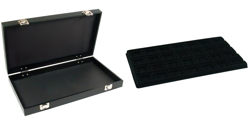 Black Jewelry Case (2xMetal Clasps &Removable Lid) w/ Black 28-slot Plastic Tray