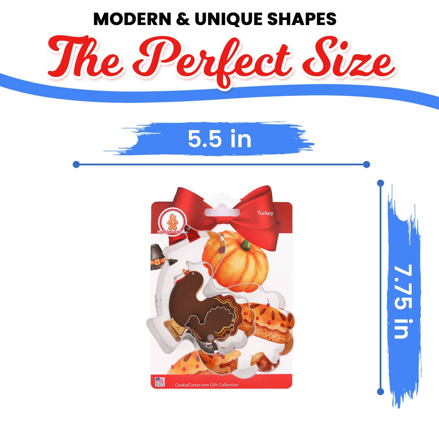 CookieCutter.com Thanksgiving Turkey Cookie Cutter Set 3 Piece, Hang Tag Cookie Recipe Card, Large, Medium, Small, Tin Plate Steel, USA