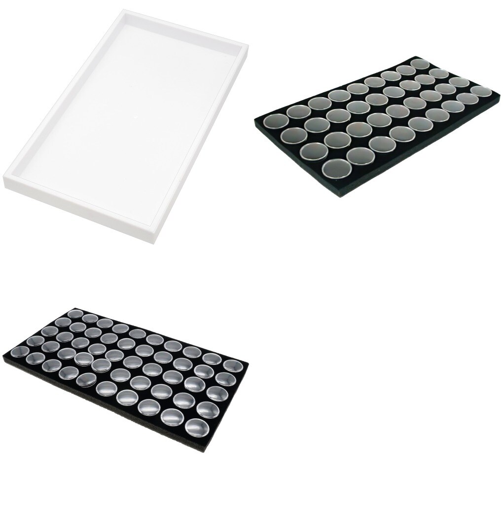 2 White Plastic Stackable Jewelry Display Trays w/ Black 36 &#x26; 50 Gem Jar Inserts