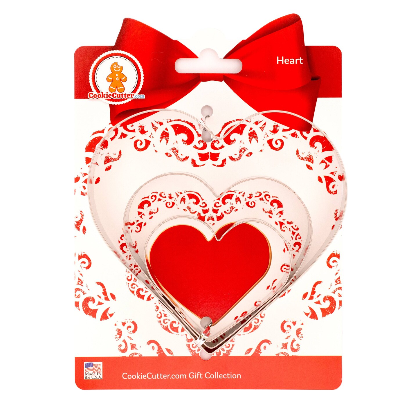 CookieCutter.com Heart Cookie Cutter Set 3 Piece, Hang Tag Cookie Recipe Card, Large, Medium, Small, Tin Plate Steel, USA