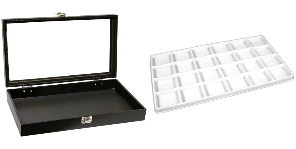 Black Glass-top Jewelry Case (Single metal latch) w/ White 24-slot Plastic Tray