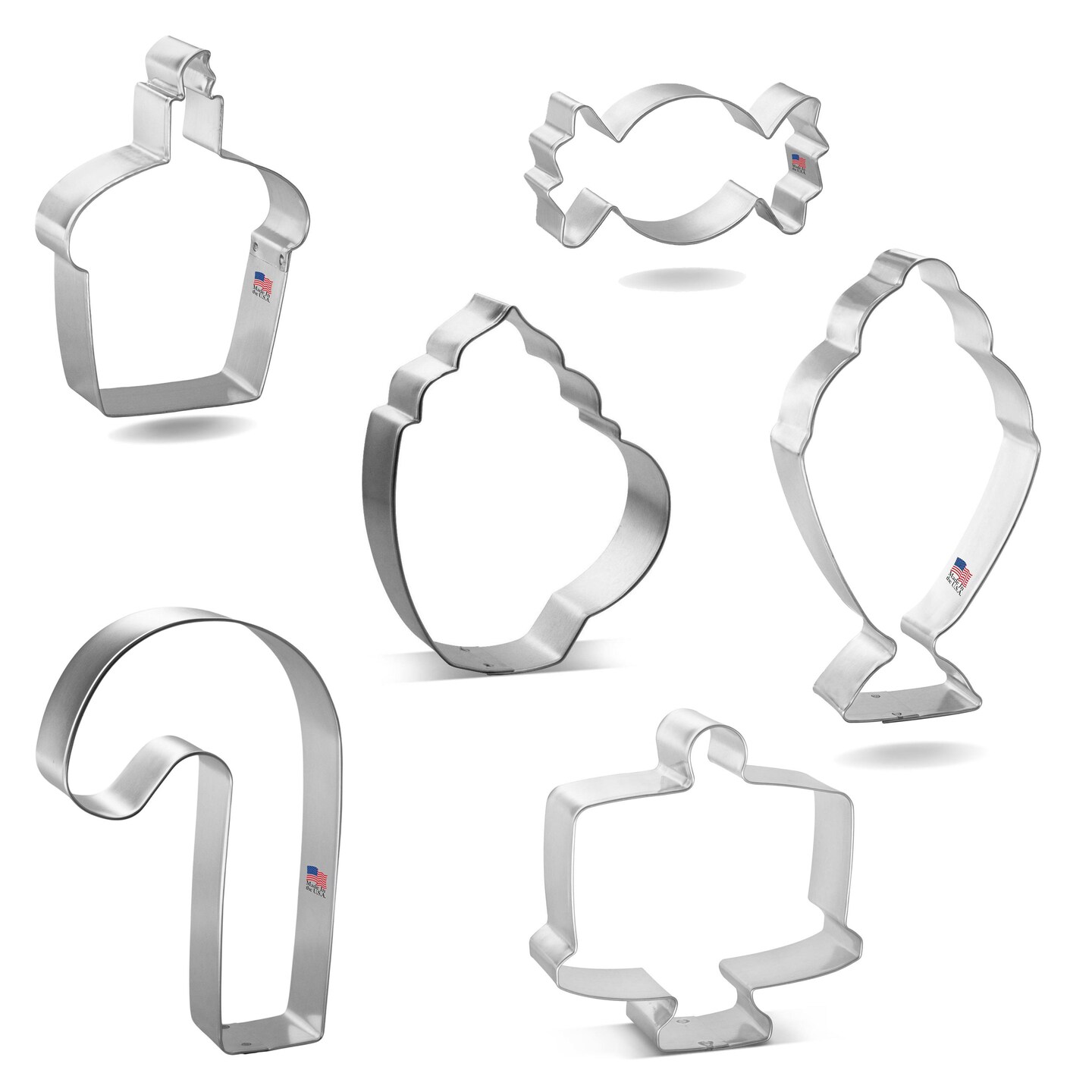 CookieCutter.com Christmas Sweets 6 Piece Cookie Cutters Set, Ice Cream Sundae, Candy Cane, Coffee Mug, Cake, Tin Plate Steel, USA