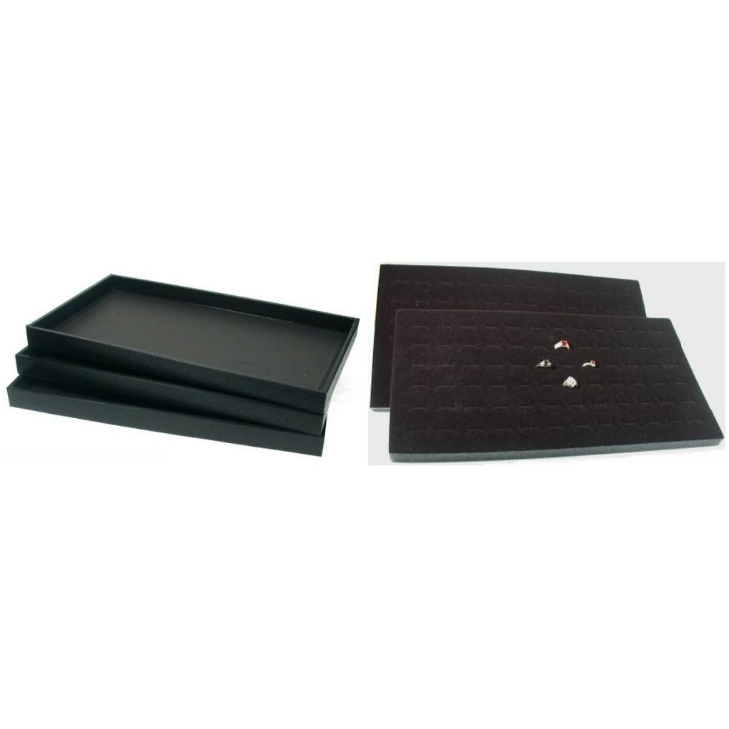 Black Faux Leather Jewelry Display Tray W/ Black Ring Foam Insert Pad Kit 6 Pcs