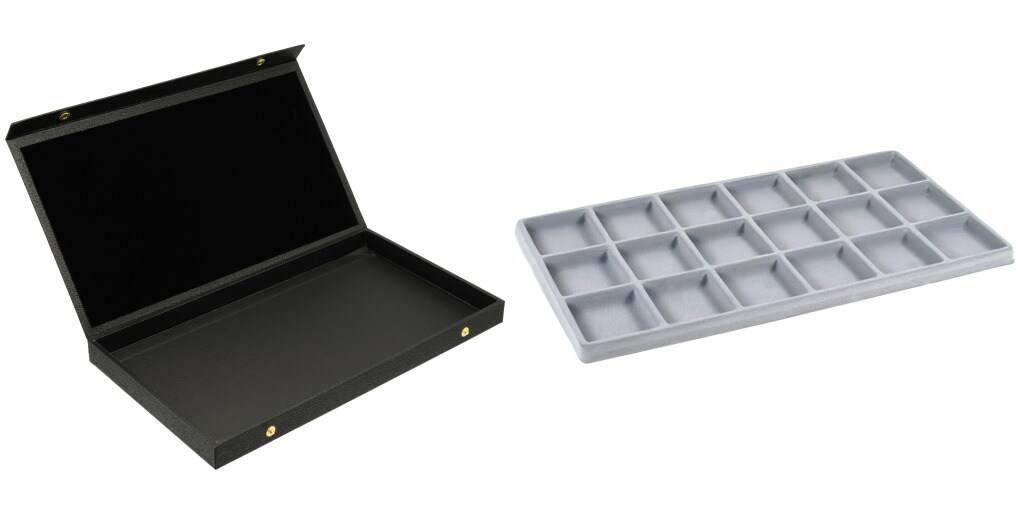 Black Faux Leather Jewelry Case w/ 1 Gray 18-slot Plastic Tray (Snap Close Lid)