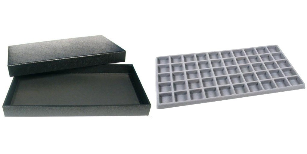 Black Jewelry Display Case (Removable Magnetic Lid) w/ Gray 50-slot Plastic Tray