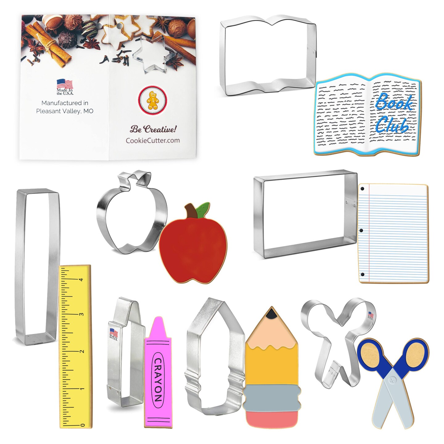 CookieCutter.com Back To School 7 Piece Cookie Cutters Set, Crayon, Scissors, Chunky Pencil, Apple with Leaf, Book, Tin Plate Steel, USA