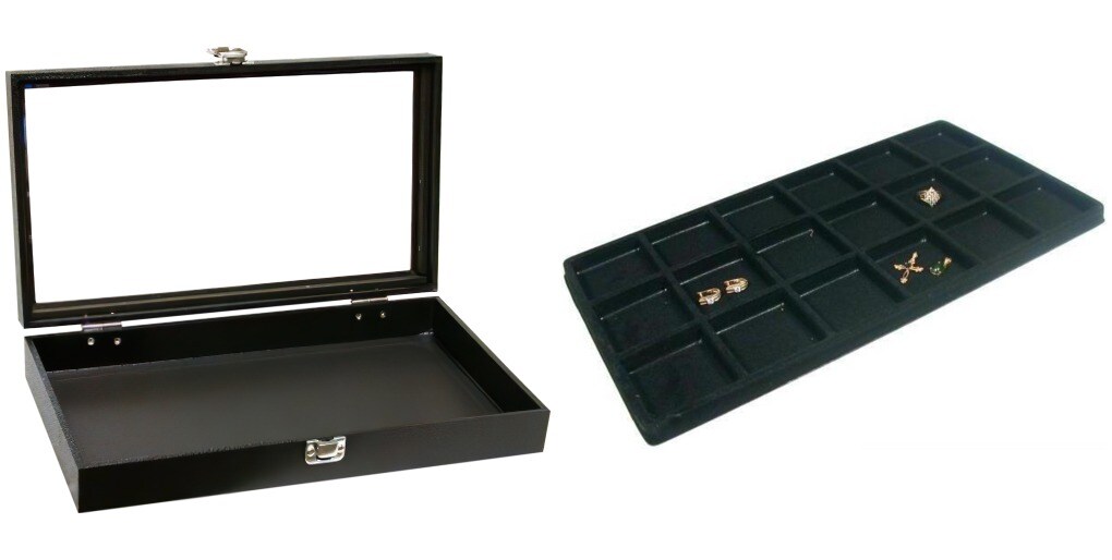 Black Glass-top Jewelry Case (Single metal latch) w/ Black 18-slot Plastic Tray