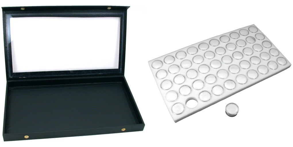 Black Glass Top Jewelry Case (Snap close lid) w/ White Foam 50 Gem Jar Insert