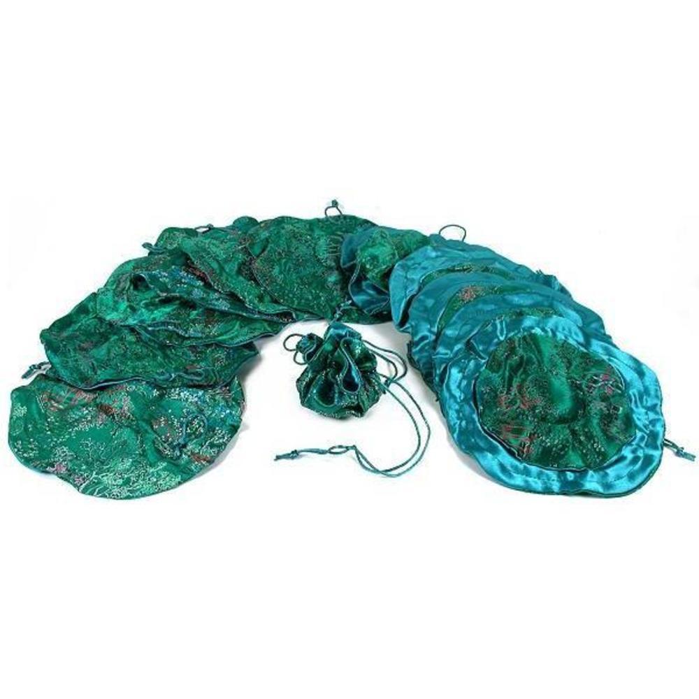 12 Drawstring Pouches Green Brocade Gem Gift Bag 10&#x22;