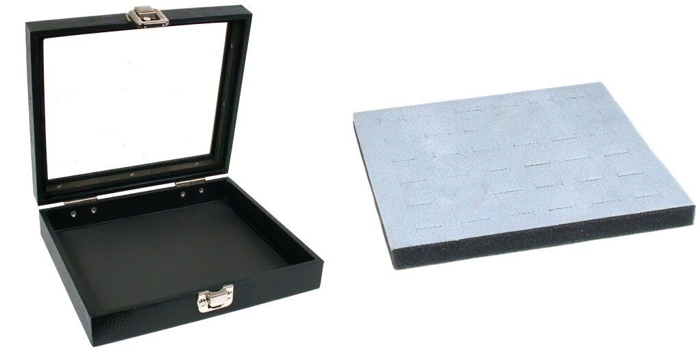 Black Sqaure Glass-top Case (Single Metal Latch) w/ Gray 36-slot Foam Insert