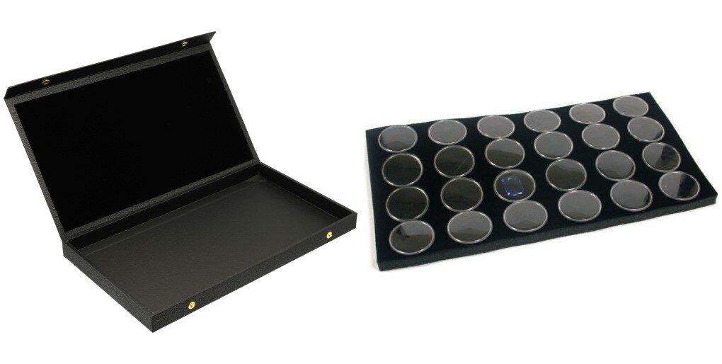 Blck Faux Leather Jewelry Case (Snap close lid) w/ Black Foam 24 Gem Jar Insert