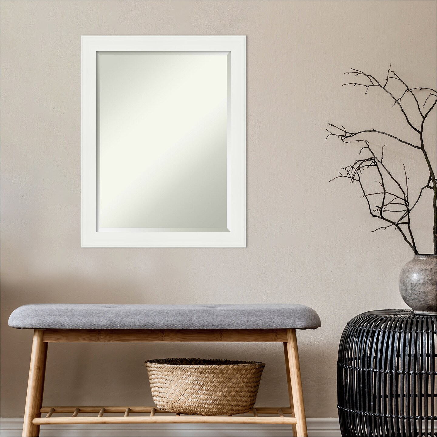 Beveled Bathroom Wall Mirror, Vanity White Narrow Frame