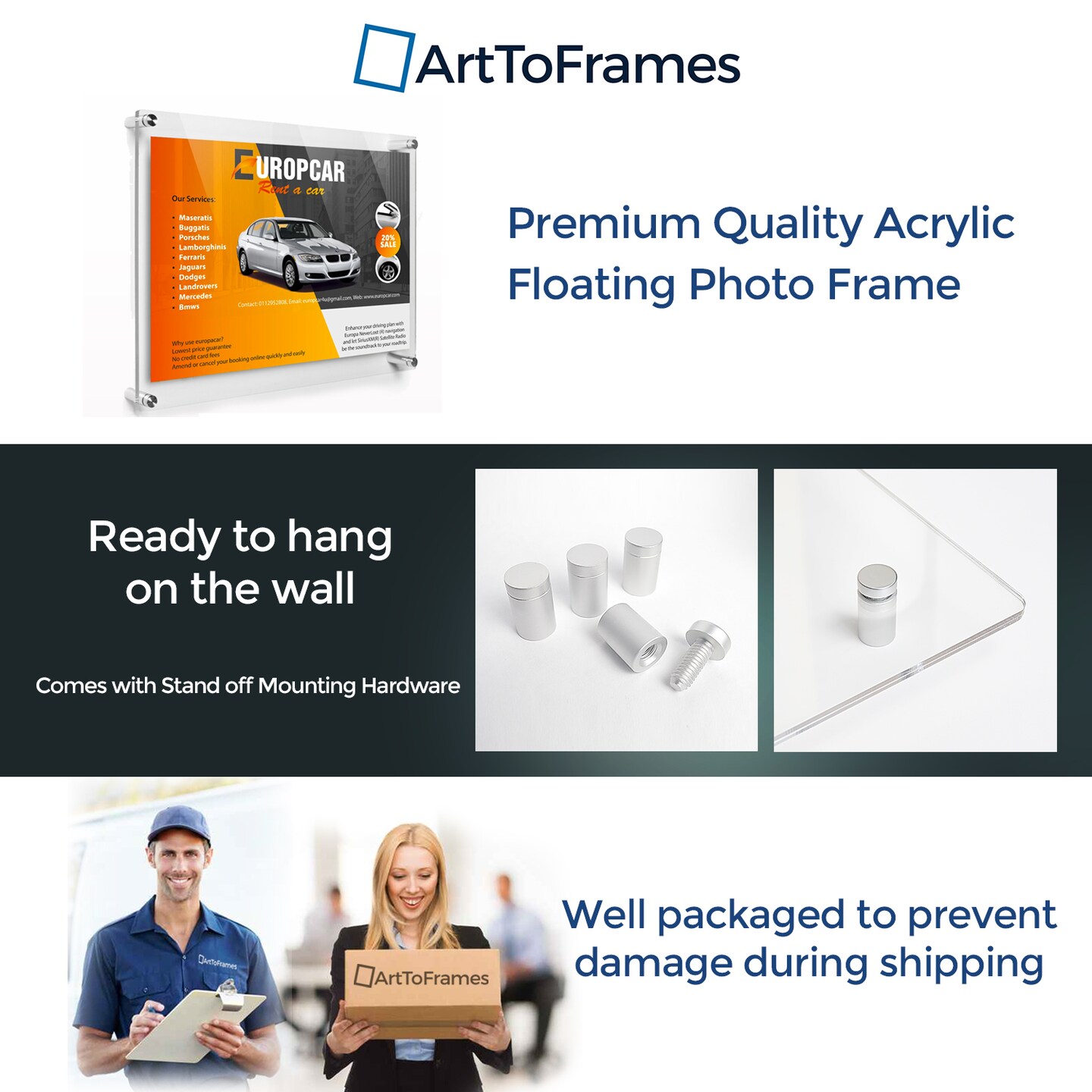 ArtToFrames 12x24 inches Floating Acrylic Frame (Full Frame is 16x28) with Choice of Chrome, Gold, Satin, White or Black Standoff Hardware