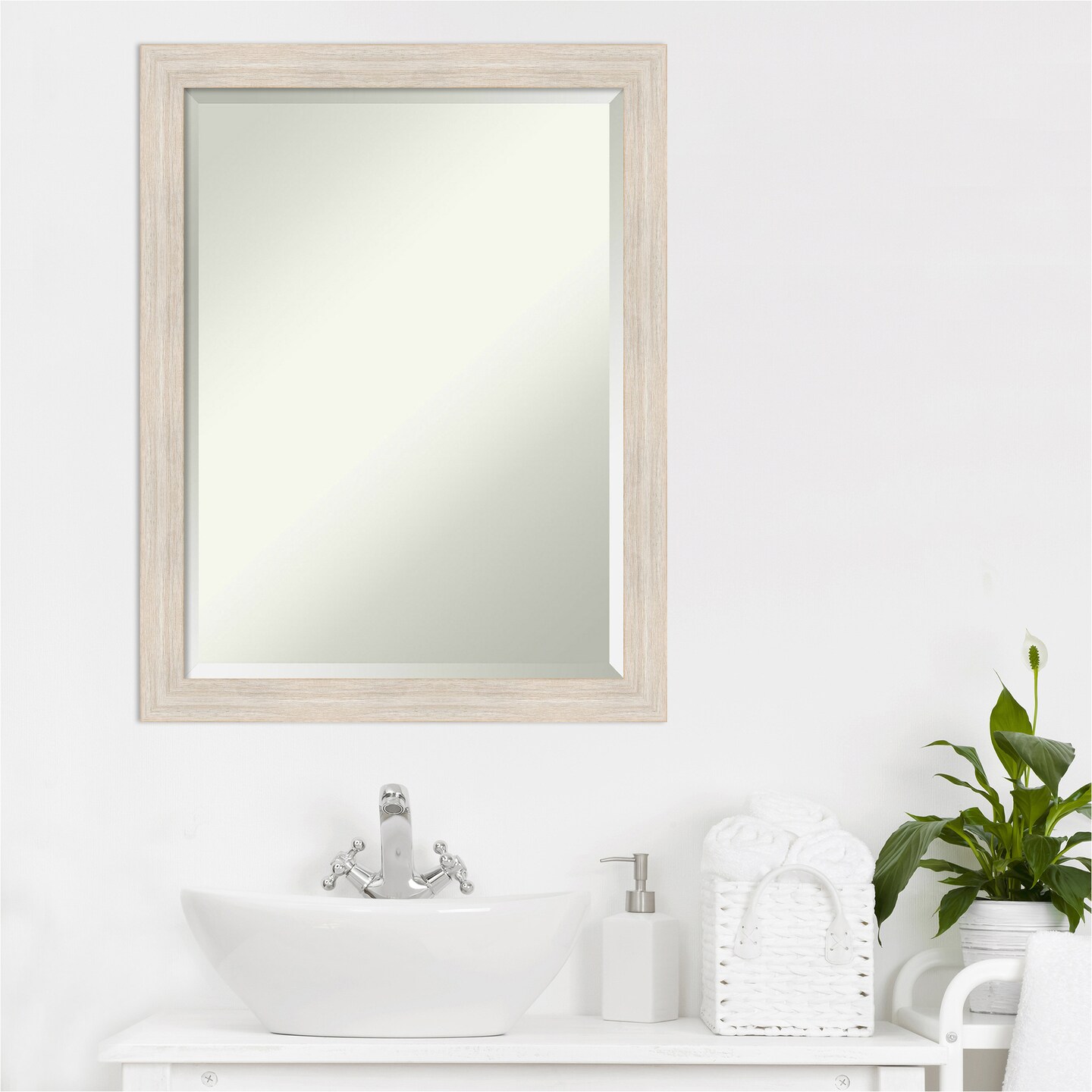 Beveled Wood Bathroom Wall Mirror, Hardwood Narrow Frame