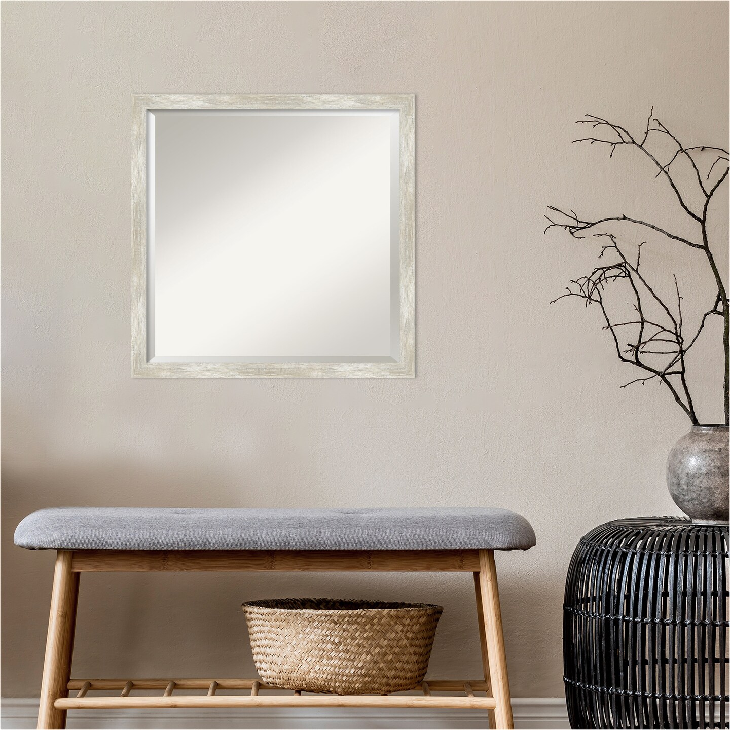 Beveled Bathroom Wall Mirror, Crackled Metallic Narrow Frame