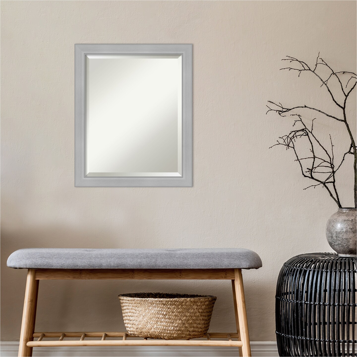 Beveled Bathroom Wall Mirror, Vista Brushed Nickel Narrow Frame