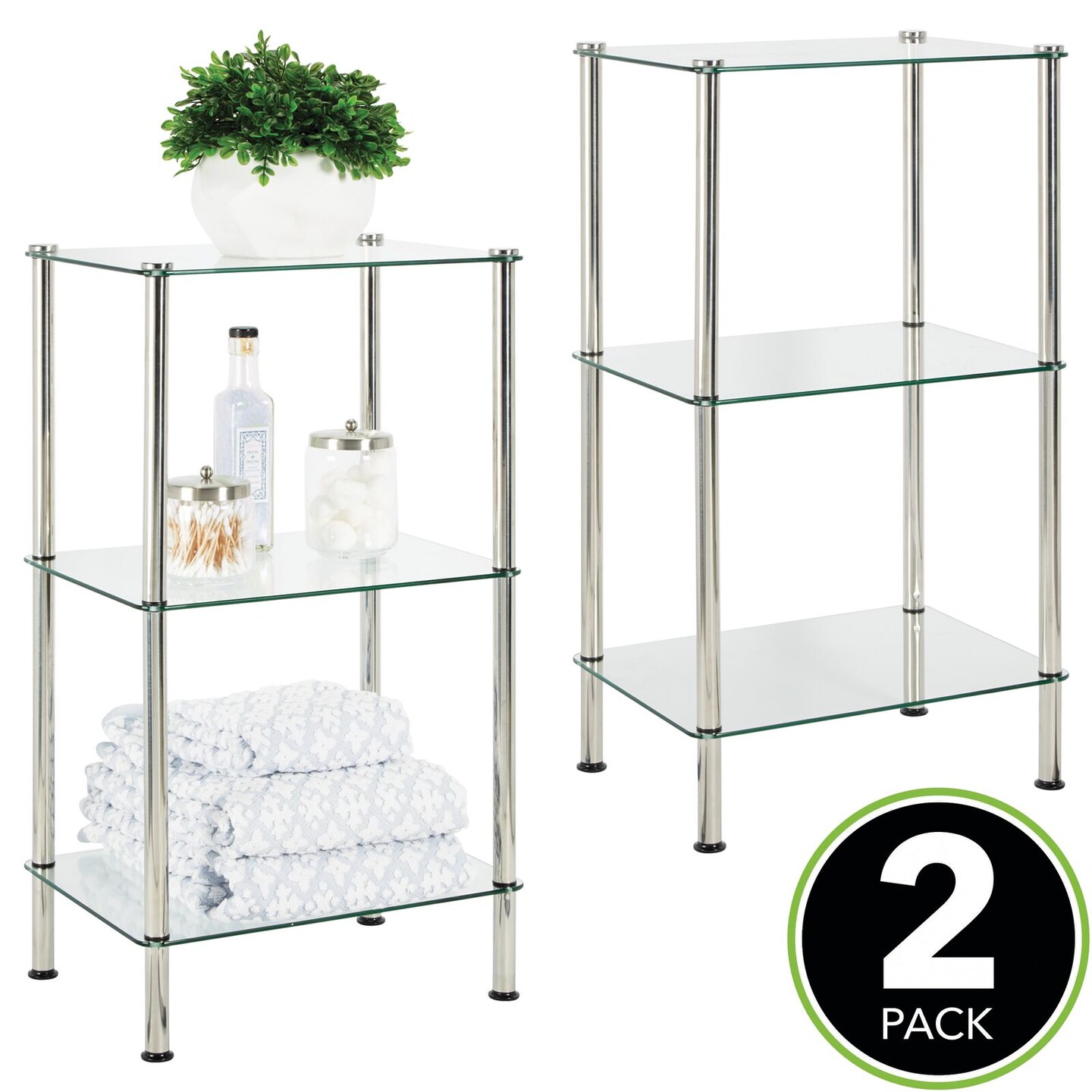 mDesign Metal/Glass 3Tier Storage Tower w/ Glass Shelves, 2 Pack