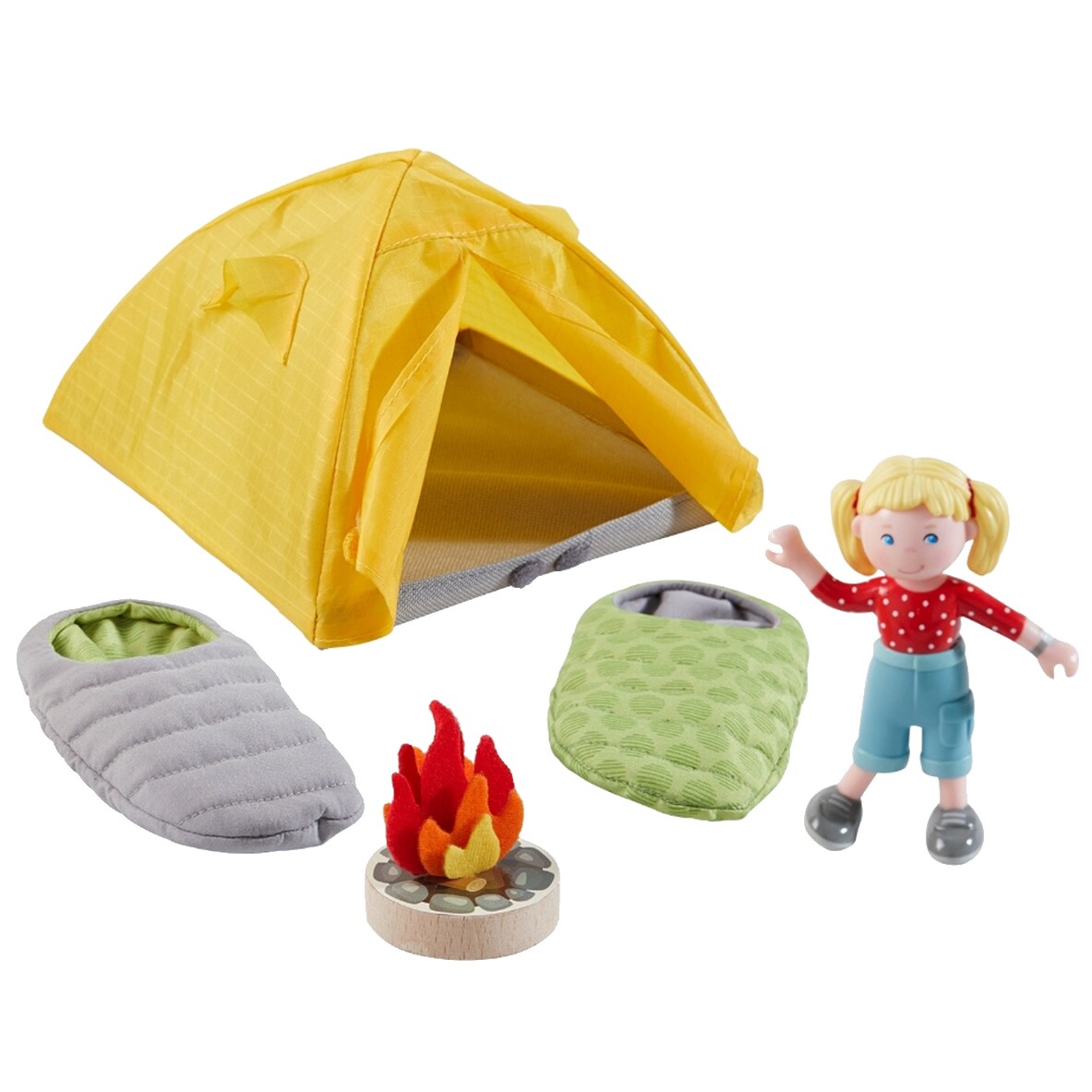 HABA Little Friends Camping Play Set - Includes Tent, 2 Reversible Sleeping Bags, Campfire and 4&#x22; Bendy Girl Figure