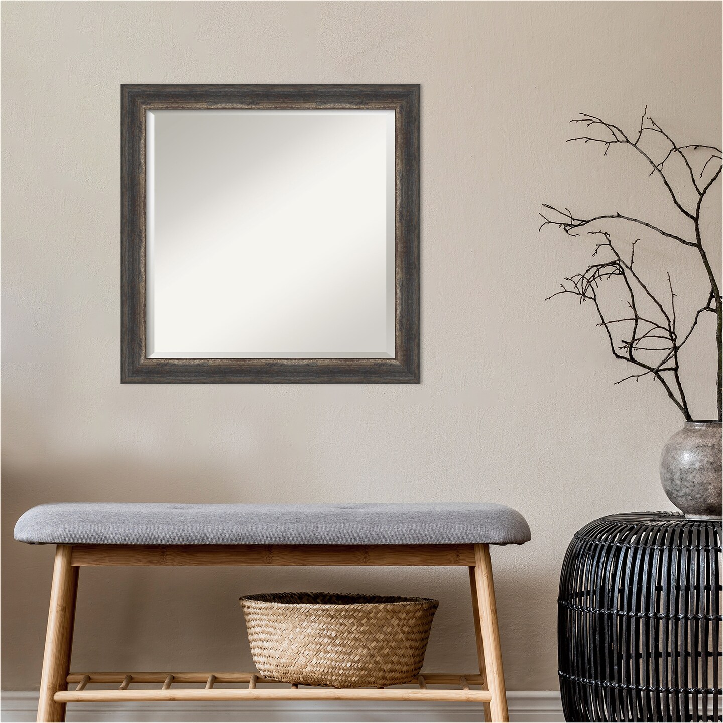Beveled Bathroom Wall Mirror, Bark Rustic Char Narrow Frame