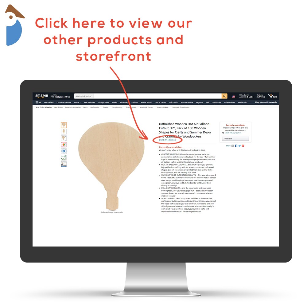 Unfinished Wooden Hot Air Balloon Cutout, 12", Summer Crafts | Woodpeckers