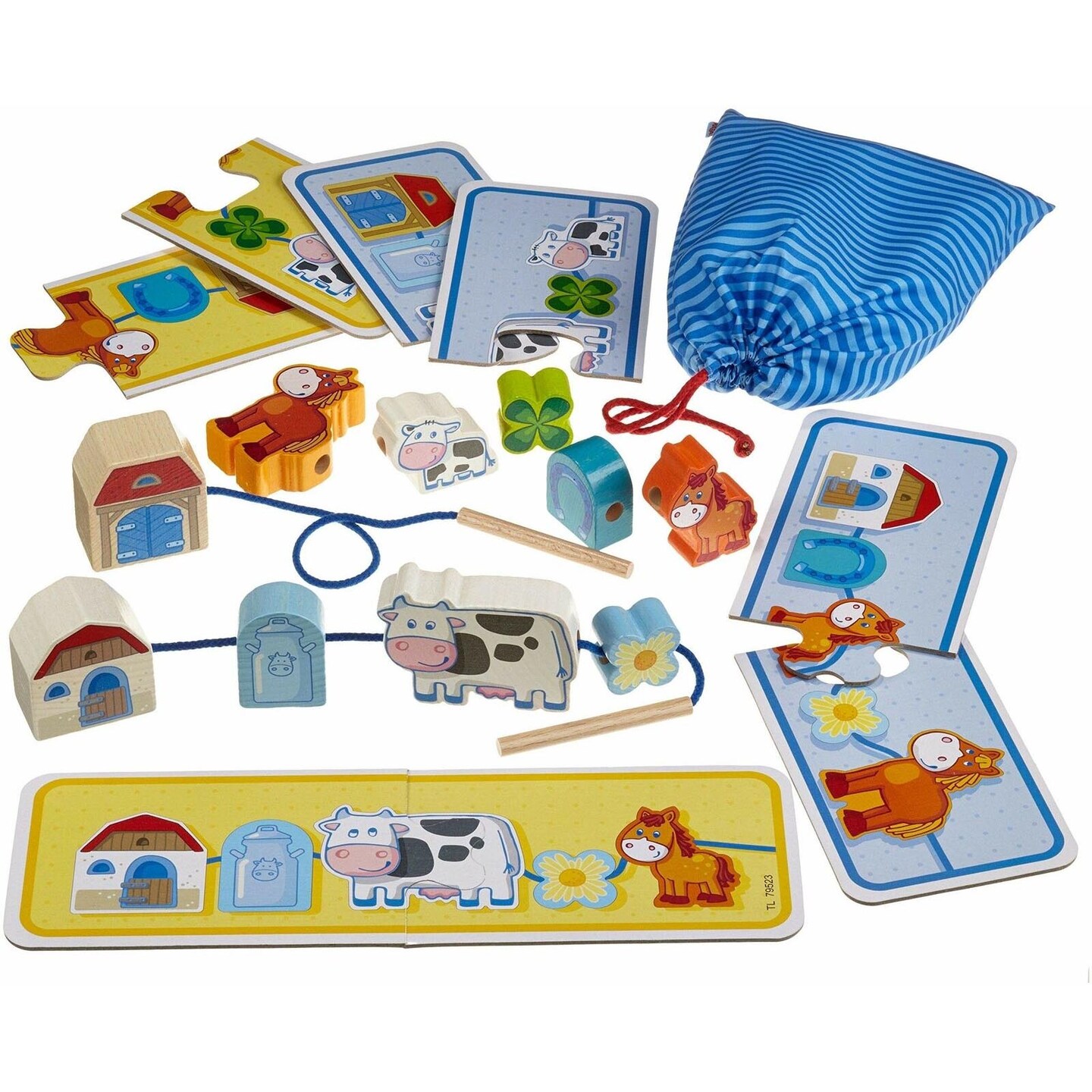 HABA On The Farm Threading Game with 10 Chunky Wooden Lacing Figures &#x26; 4 Templates (Made in Germany)