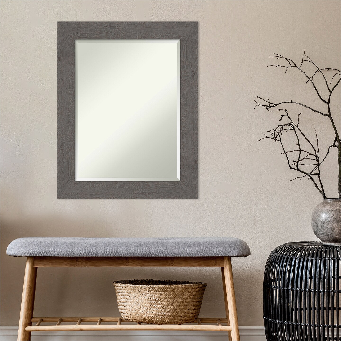 Beveled Bathroom Wall Mirror, Rustic Plank Frame