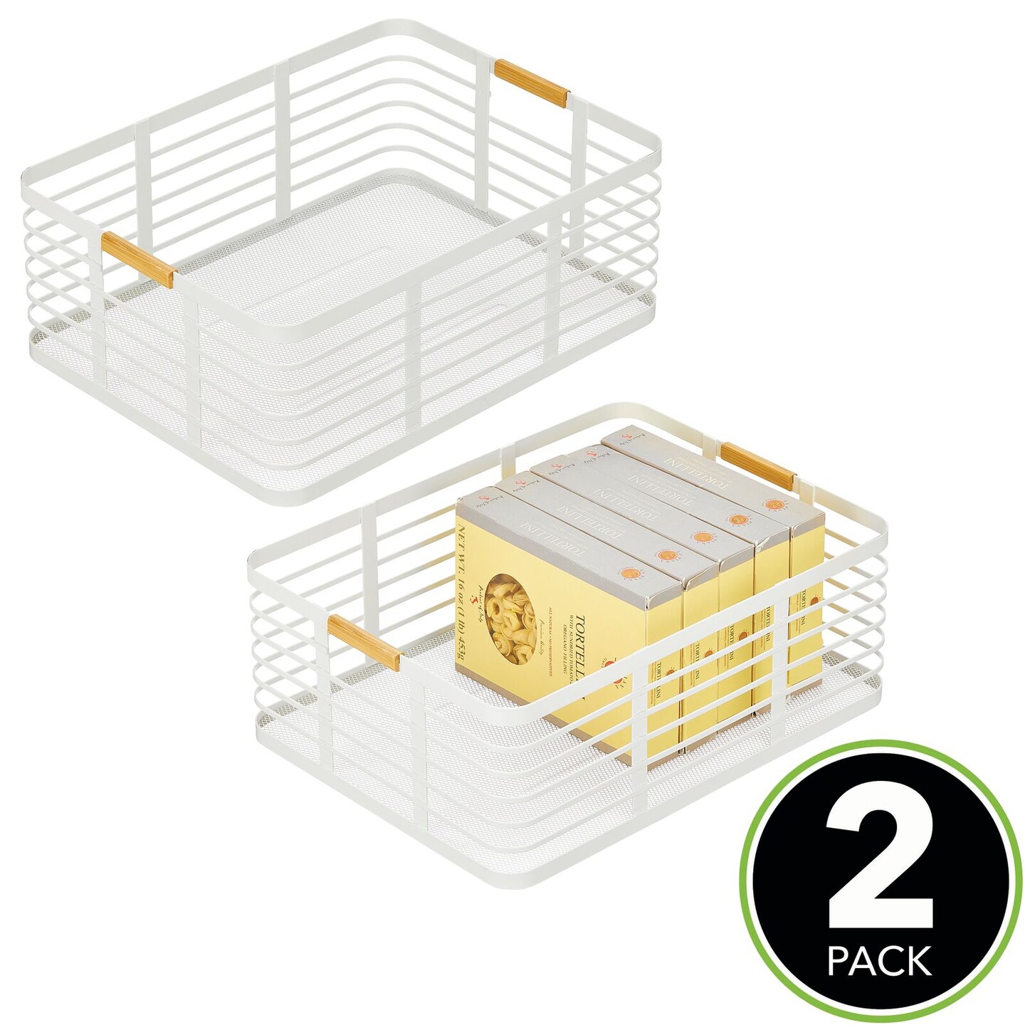 mDesign Rustic Metal Large Food Storage Bin Basket, 2 Pack, Matte White/Natural