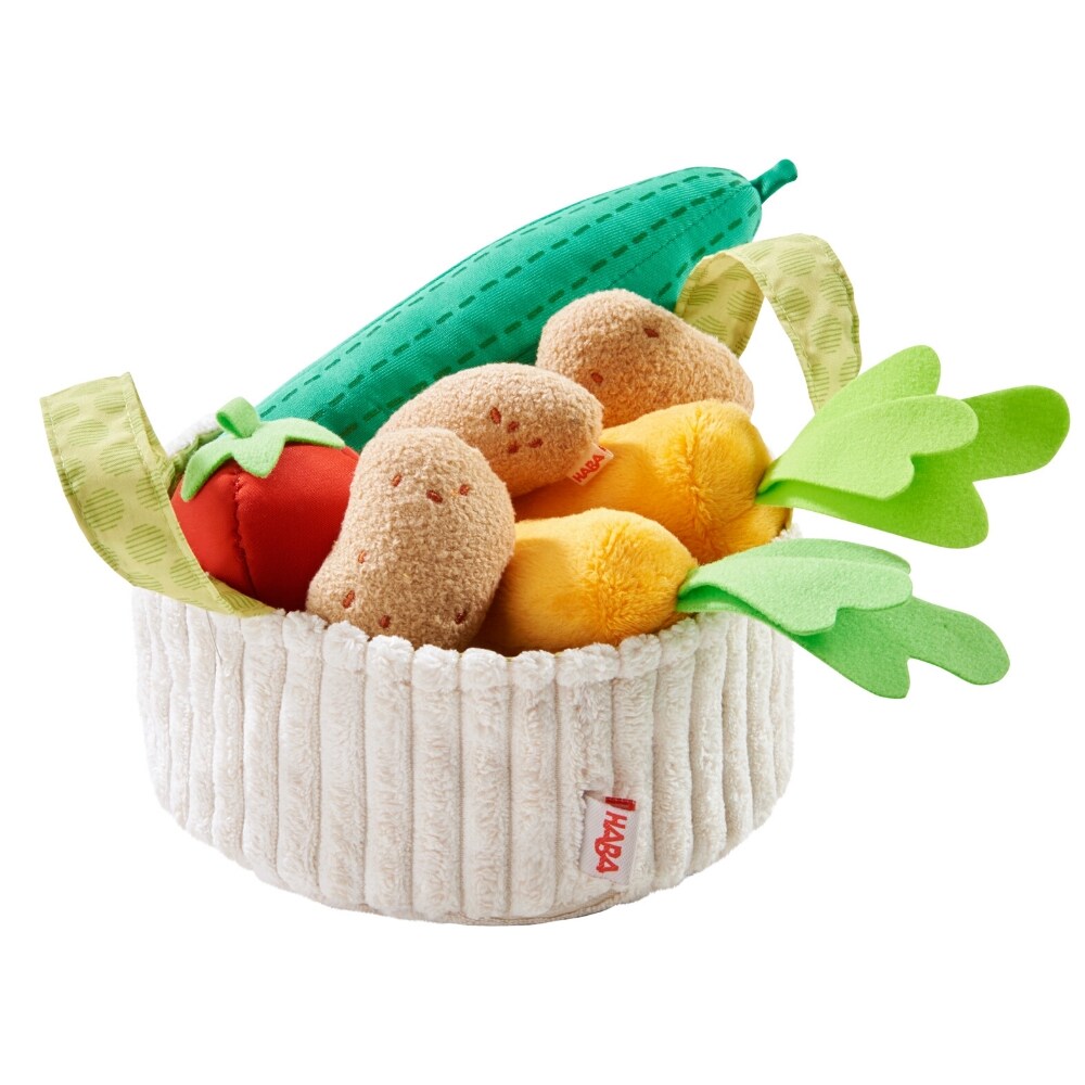 HABA Biofino Vegetable Basket - Soft Plush Pretend Play Food with Carrier, Cucumber, Tomato, 2 Carrots and 3 Potatoes
