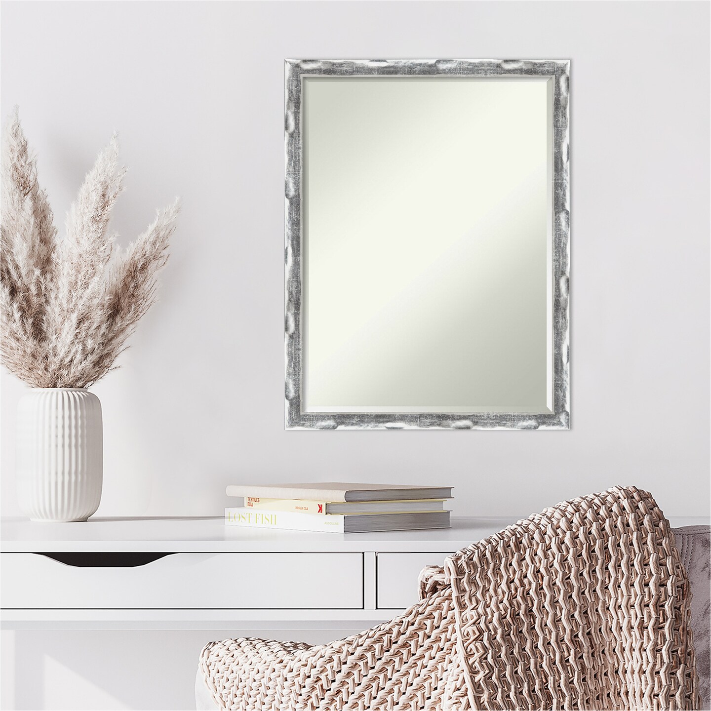 Petite Bevel Wall Mirror, Scratched Wave Chrome Frame
