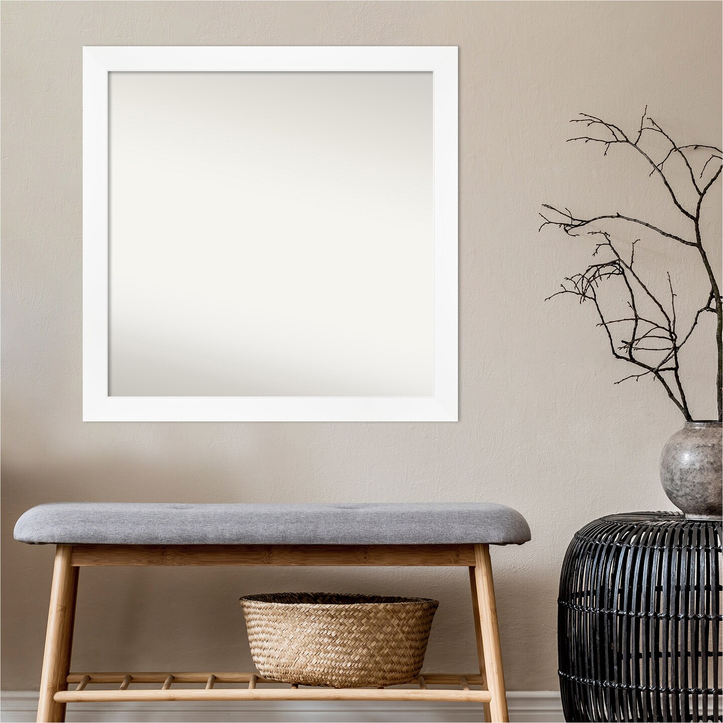 Amanti Art Non-Beveled Wall Mirror, Cabinet White Narrow Frame